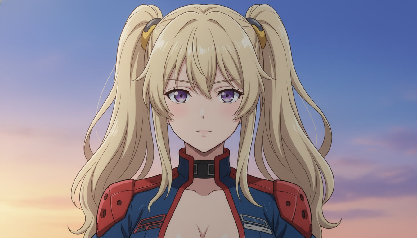 Dramatic anime close-up of a heroine with steel gray eyes and magenta rim light against a simple dusk sky, composed for small YouTube thumbnail readability