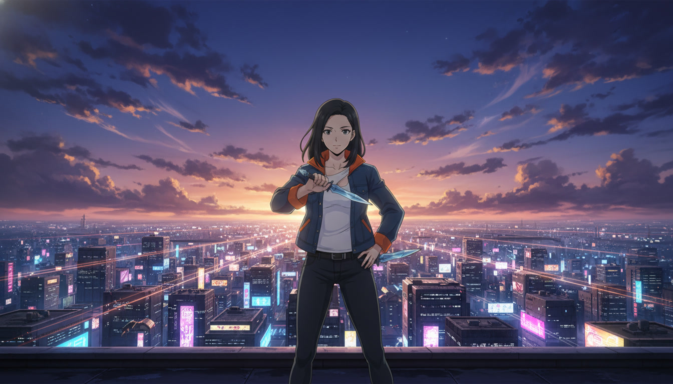 Anime heroine in episode title card composition on a rooftop at dusk with space for bold series typography and episode number