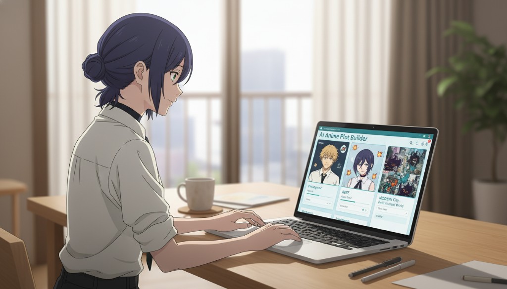 An anime woman using a laptop showing an AI Anime Plot Builder interface with character cards for a protagonist, rival, and world setting