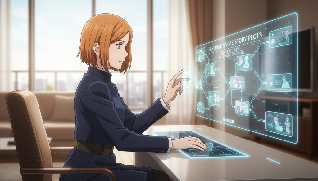 An anime woman in a uniform pointing at a glowing holographic flowchart labeled 'Generate Anime Story Plots' with genre branches and character nodes