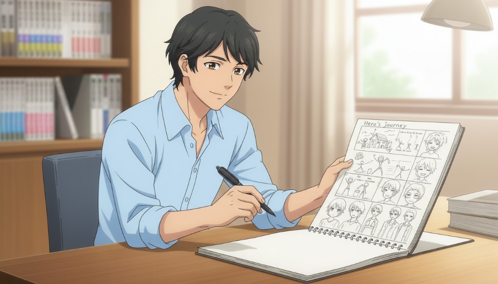 An anime character at a desk with a Hero's Journey notebook and character sketches, planning an original anime story