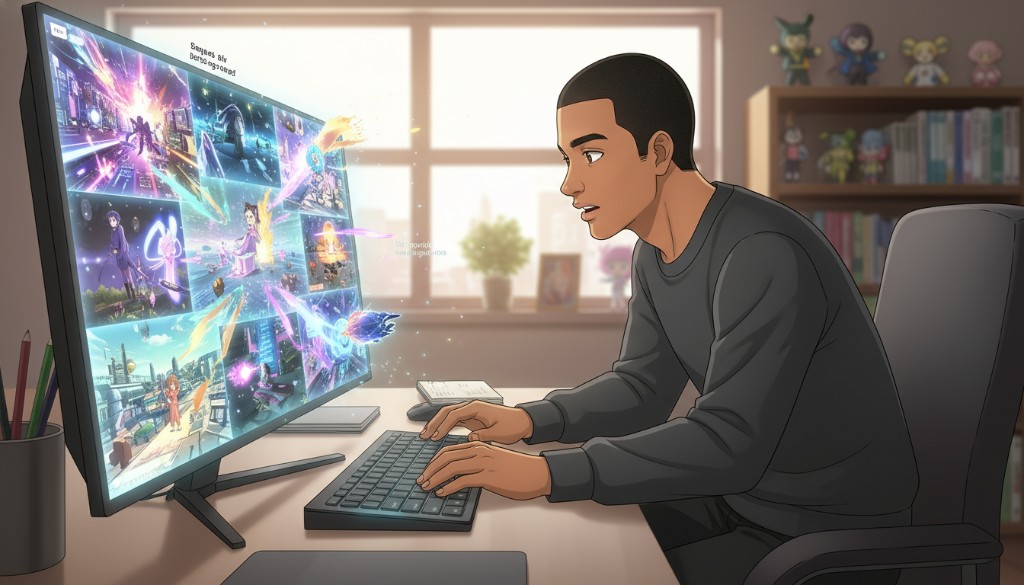 A young man at his desk staring at a vivid, explosive anime scene on his monitor, colorful characters and magical effects filling the screen