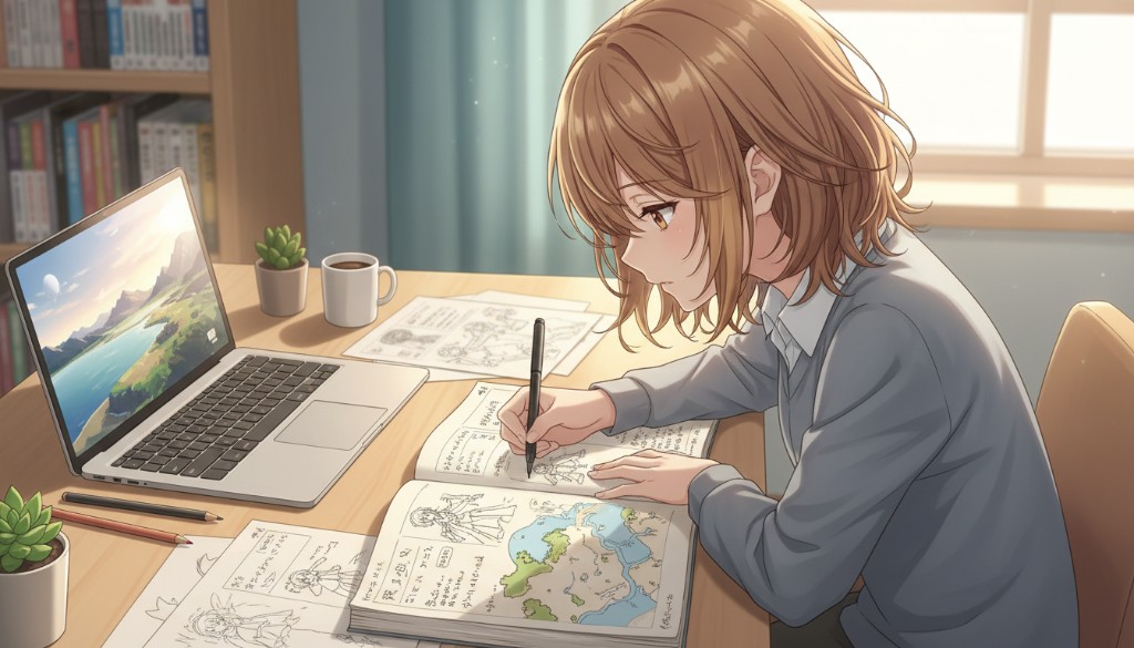 An anime girl with brown hair sitting at a desk drawing in a notebook, with a laptop showing a landscape illustration, surrounded by sketches and notes