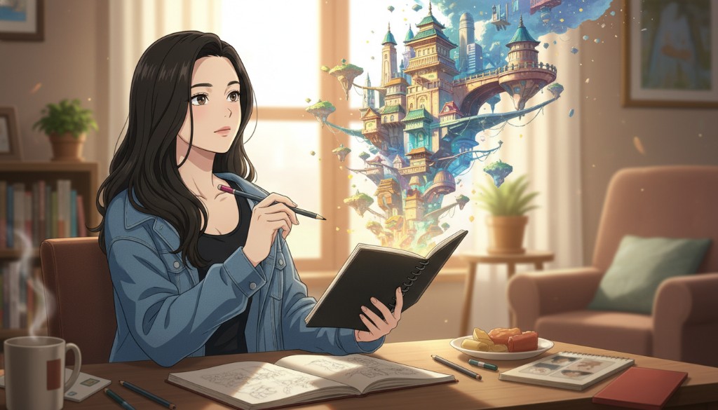 An anime woman with long black hair holding a notebook, looking contemplative, with a detailed fantasy floating city world emerging from the pages of the book behind her