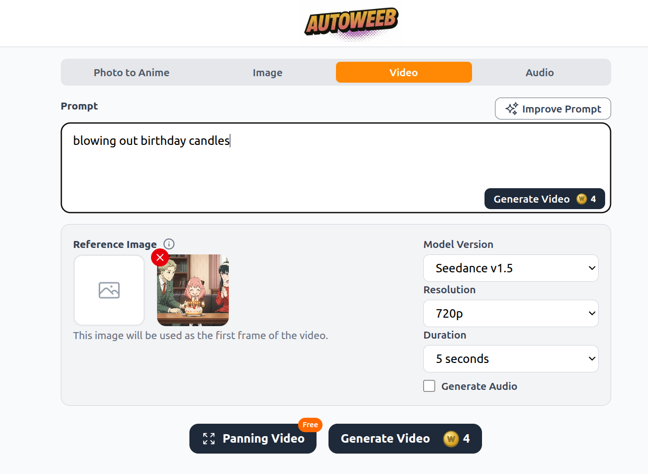 생일 이미지가 레퍼런스로 설정된 AutoWeeb 영상 생성 프롬프트