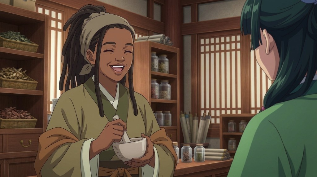 A smiling dark-skinned anime woman with dreadlocks in a traditional kimono, holding a mortar and pestle in a Japanese herb shop, created with AutoWeeb