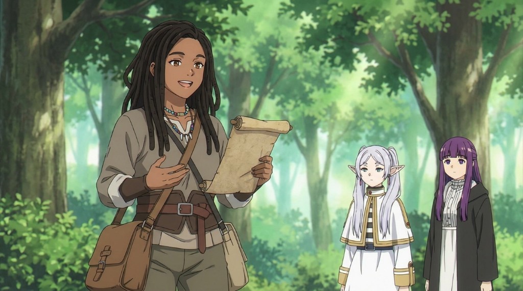 A dark-skinned anime woman with long locs holding a map in a lush isekai forest, surrounded by two fantasy companions, created with AutoWeeb