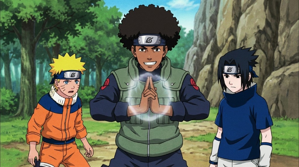 A Black anime character with a natural afro wearing a Konoha headband, standing between Naruto and Sasuke in a Naruto-style scene created with AutoWeeb