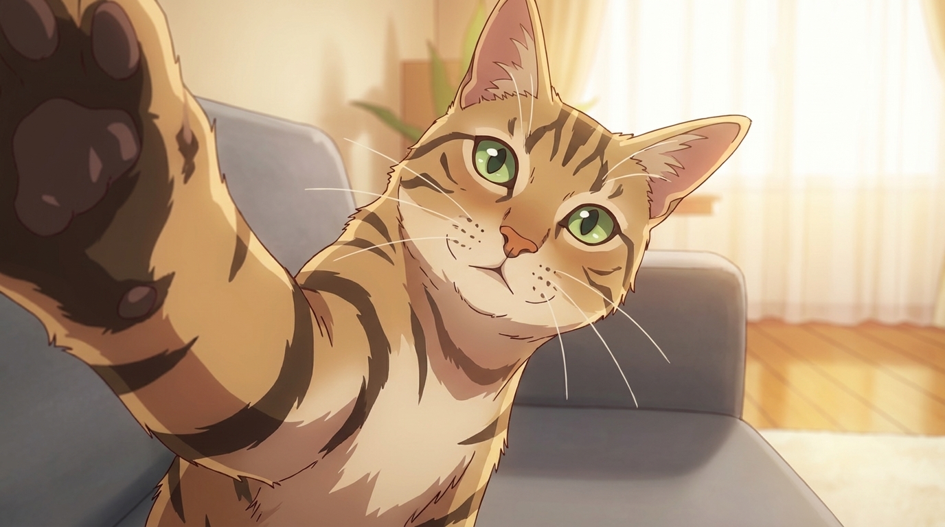 세밀한 털 묘사와 표현력 풍부한 눈을 가진 애니메 캐릭터로 변환된 고양이