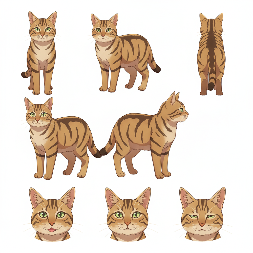 AutoWeebがどんなペットキャラクターにも正面・側面・背面ビューのキャラクターシートを作成することを示す例