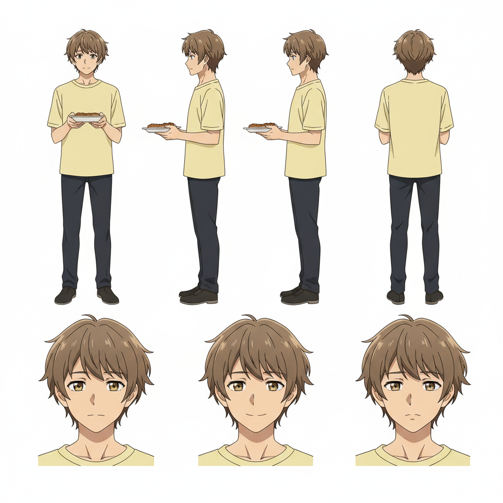 AutoWeeb 남성 캐릭터 시트 - 정면, 측면, 후면 뷰