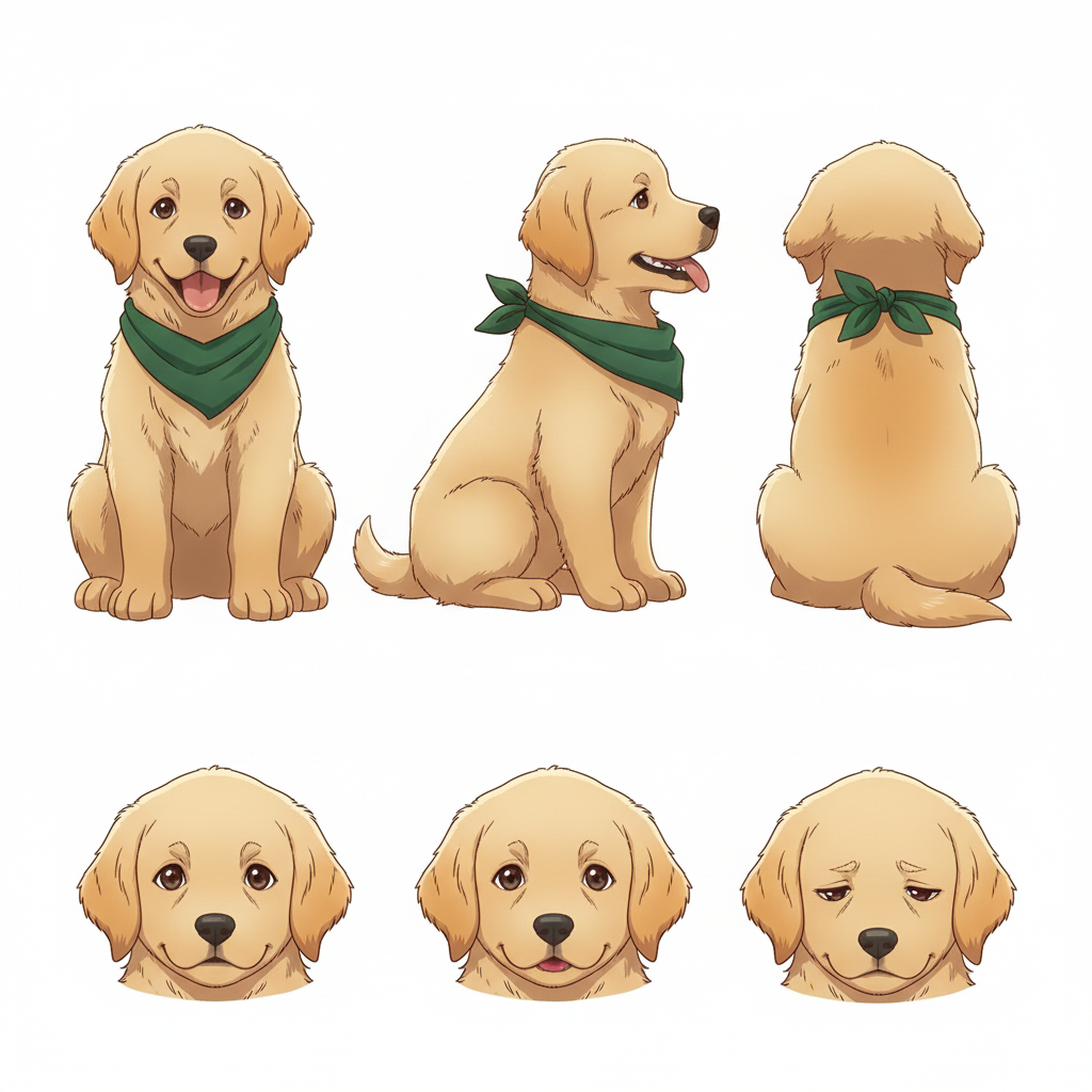 A character sheet for a dog anime character showing front, side, and back views with color references