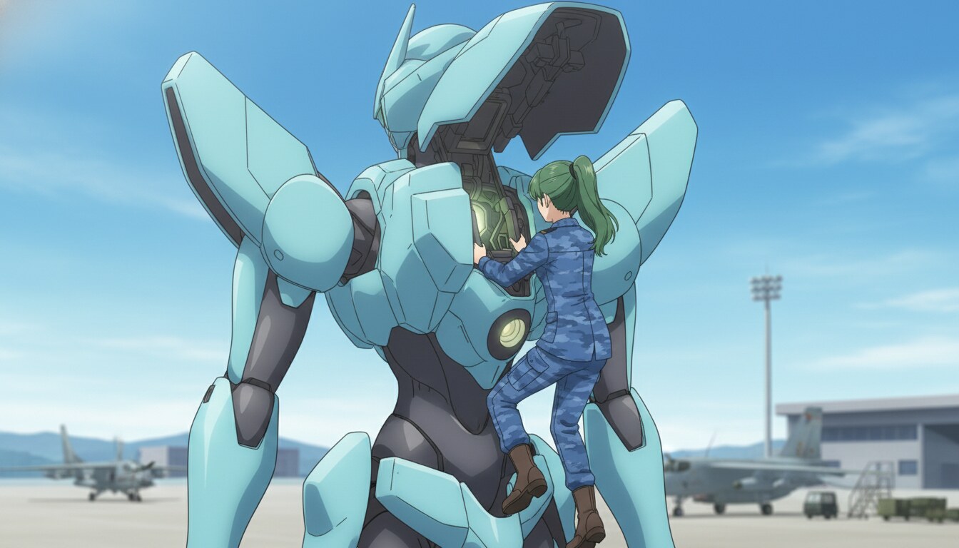 Green-haired anime pilot boarding a light blue mech on a military airfield