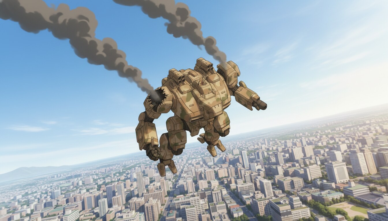 Anime mecha falling through the sky over a city with smoke trailing from battle damage
