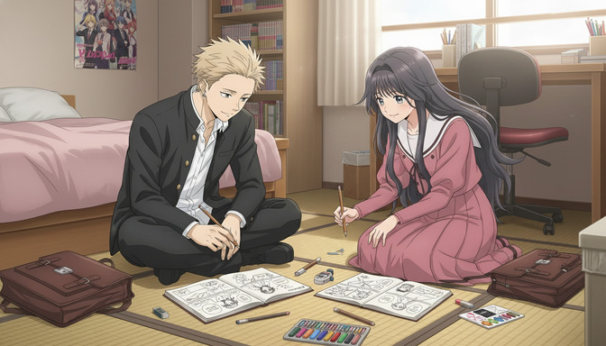 Two anime characters sitting on a tatami floor surrounded by storyboard sketches and drawing supplies, planning an anime story together