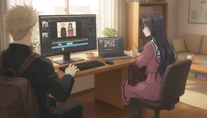 Two anime characters at a desk reviewing video editing software on a large monitor, planning and producing an anime story