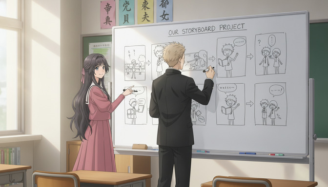 Two anime characters at a classroom whiteboard reviewing a storyboard project with detailed panels and scene planning