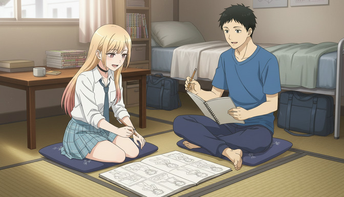 Two anime characters sitting on a tatami floor with character sketch notebooks and reference sheets spread around them, planning original character designs together
