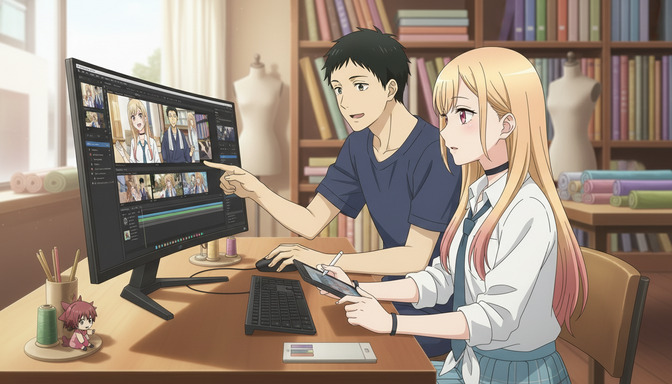 Two anime characters at a large monitor reviewing multiple storyboard panels in video editing software, pointing at a scene on screen