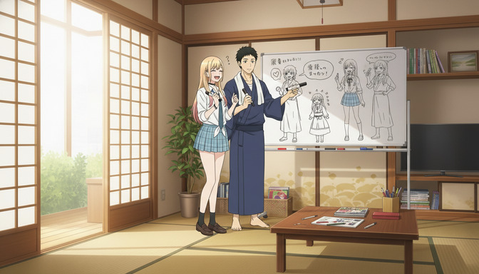 Two anime characters standing in a traditional Japanese room in front of a whiteboard covered in anime character design sketches and outfit variations