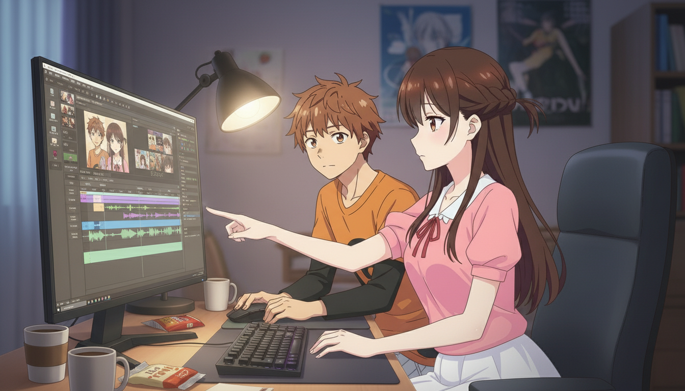 Two anime characters working together at a desktop computer with a video editing timeline visible on screen, representing the AutoWeeb vs DomoAI comparison for anime creators