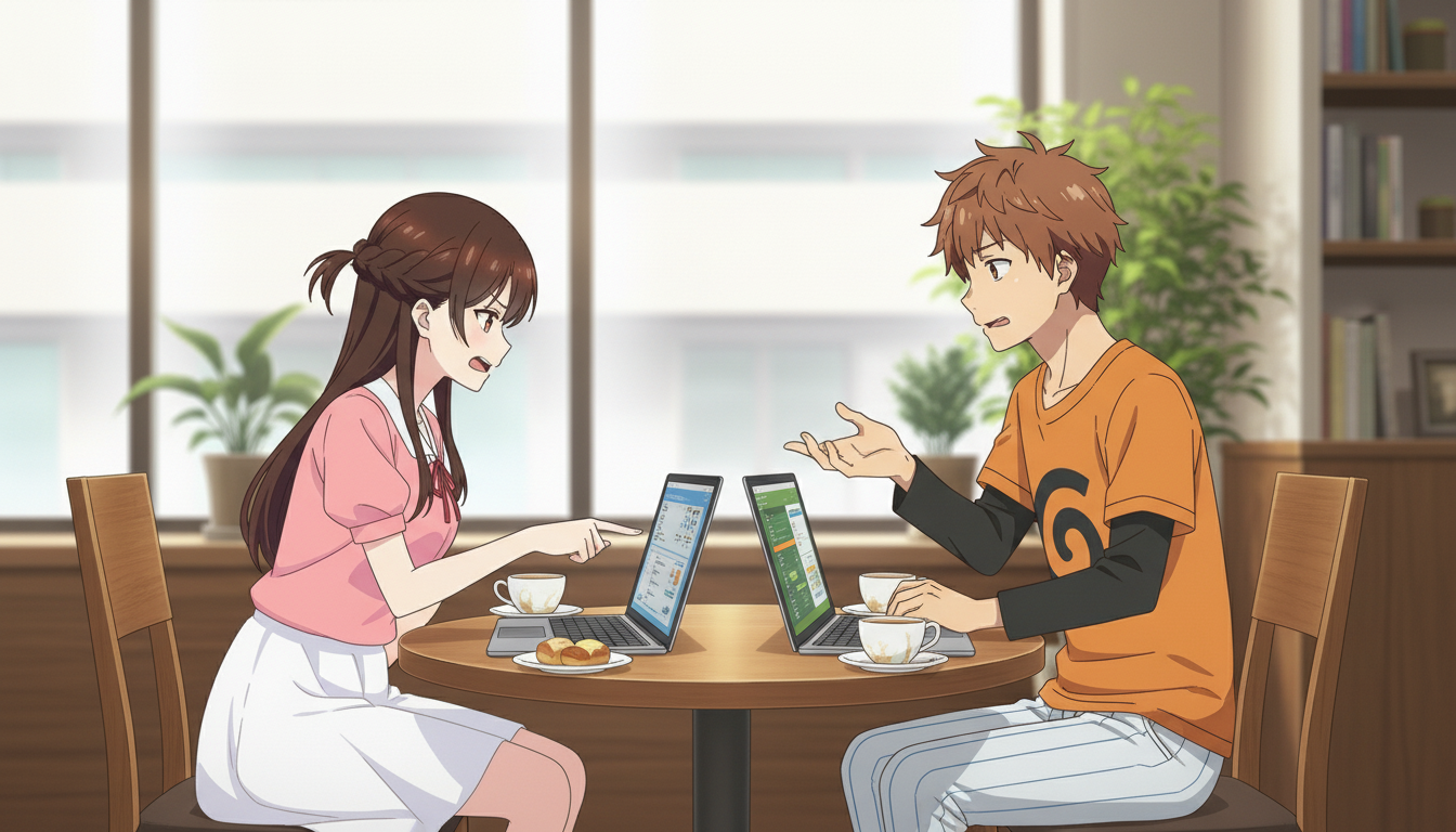 Two anime characters sitting across from each other at a cafe table, each with a laptop open, having an animated conversation about which tool to use