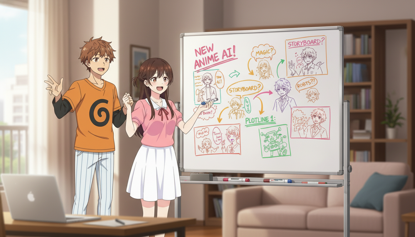 Two anime characters standing in front of a whiteboard covered in colorful storyboard sketches, anime character designs, and arrows labeled 'New Anime AI!' and 'Plotline 1'