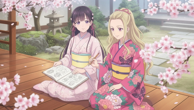 Two anime characters in pink and red kimonos sitting on a wooden deck surrounded by cherry blossoms, reviewing character design sketches in a notebook together
