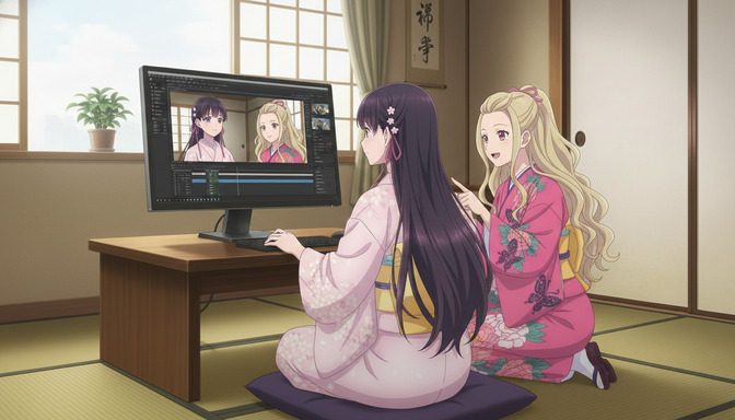 Two anime characters in pink and red kimonos seated at a low desk in a traditional Japanese room, reviewing animated character storyboard panels on a large computer monitor