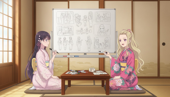 Two anime characters in pink and red kimonos seated at a low table in front of a whiteboard covered in original character design sketches and storyboard thumbnails