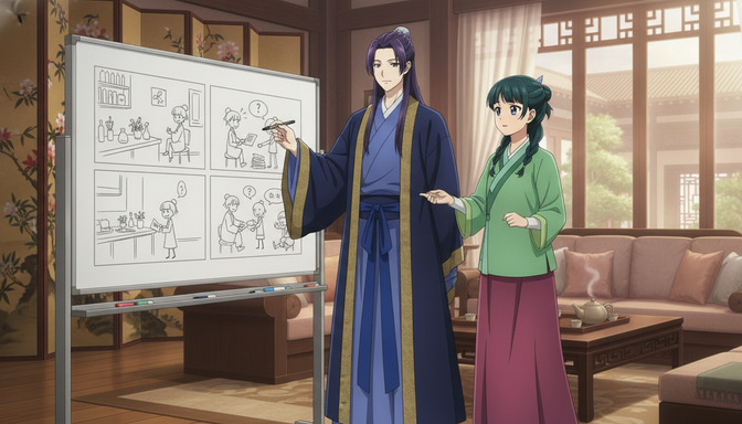 Two anime characters in traditional hanfu standing before a storyboard covered in panels, planning a multi-scene anime story