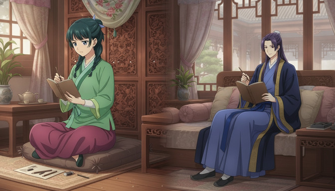 Two anime characters in traditional dress sitting across from each other, both writing in notebooks as they plan their story