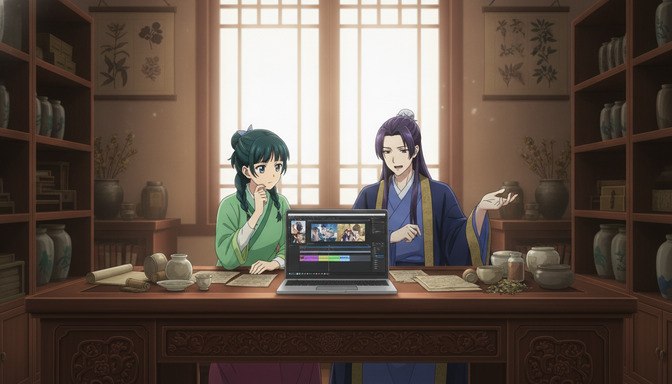 Two anime characters at a wooden desk with a laptop open showing a video timeline, reviewing their anime production in a traditional library setting