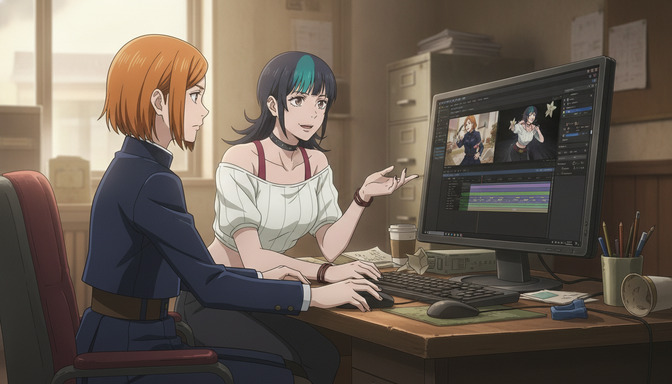 Two anime characters collaborating at a computer reviewing anime video footage in a creative production workspace