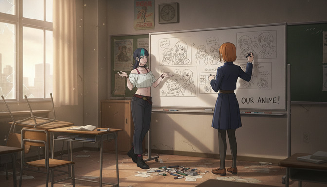 Two anime characters planning their story at a whiteboard covered in storyboard panels with 'OUR ANIME!' written below