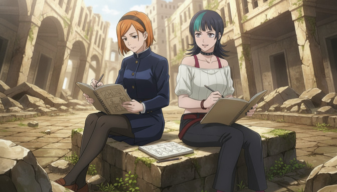 Two anime characters sitting among ancient ruins, sketching storyboards in notebooks — planning a multi-scene anime story together