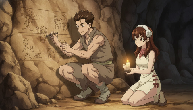Two anime characters in a cave drawing storyboard panels on stone walls by candlelight, planning their anime story scene by scene