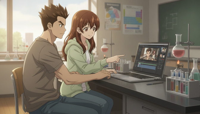 Two anime characters sitting in a science lab with a laptop showing a video editing timeline, collaborating on an anime production workflow