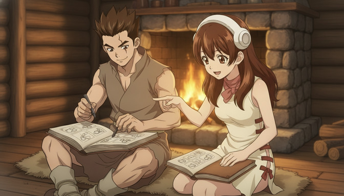 Two anime characters sitting by a fireplace reviewing storyboard sketches in a notebook together, planning their anime story