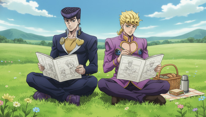 Two anime characters in bold JoJo-style outfits sitting on a grassy field, reviewing original character design sketches in notebooks together, with a picnic basket nearby