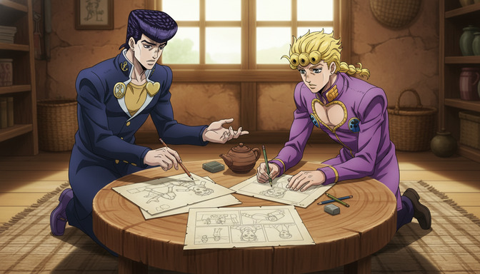 Two anime characters in detailed JoJo-style outfits seated at a round wooden table, drawing and reviewing original character sketches together in a rustic room
