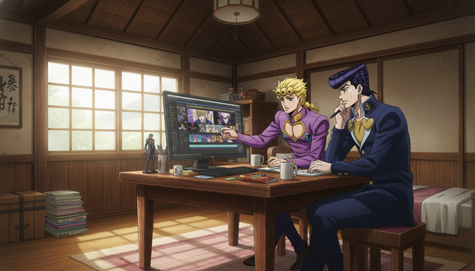 Two anime characters in JoJo-style outfits at a wooden desk reviewing anime storyboard content on a large computer monitor in a traditional Japanese room with warm afternoon light
