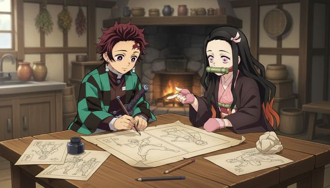 Two Demon Slayer-style anime characters sitting at a wooden table indoors reviewing original character design sketches by firelight