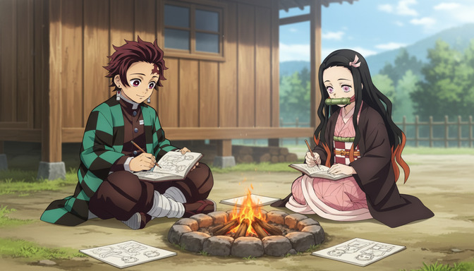 Two Demon Slayer-style anime characters sitting outdoors by a campfire reviewing original character design sketches and storyboard sheets