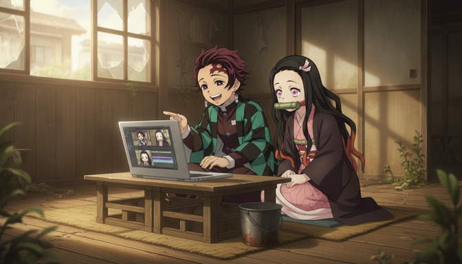 Two Demon Slayer-style anime characters sitting together reviewing anime story content on a laptop in a warmly lit traditional Japanese room