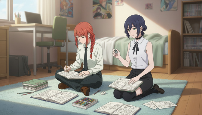 Two anime characters sitting on a floor surrounded by storyboard sketches and drawing supplies, planning an anime story together