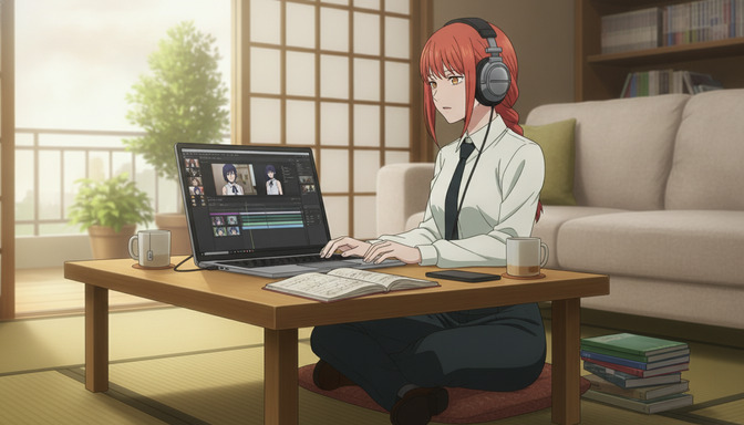 An anime character with red hair and headphones working at a laptop with video editing software open in a Japanese-style room