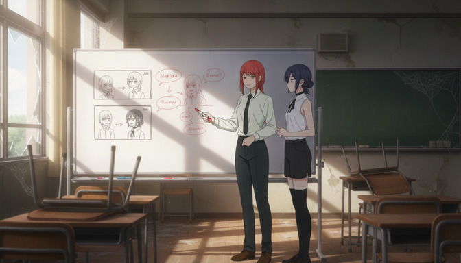 Two anime characters at a whiteboard in a classroom, reviewing storyboard panels and planning an anime story together