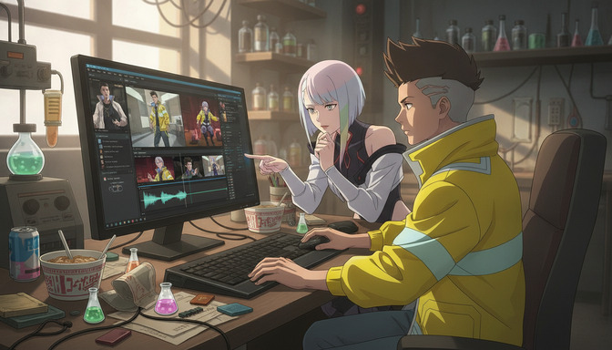 Two anime characters working together at a computer editing an anime video in a cluttered creative studio with lab equipment and glowing screens