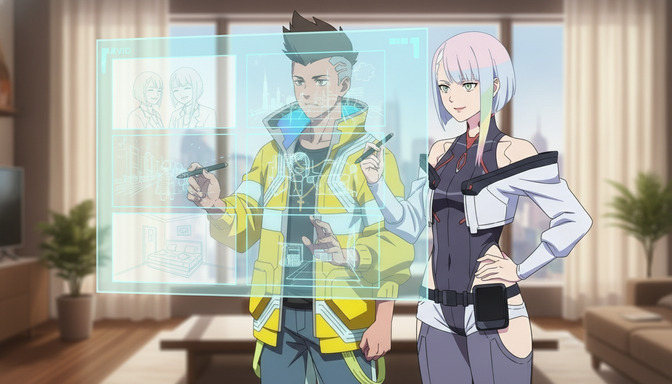 Two anime characters standing in front of a large holographic display showing character concept sketches and storyboard panels in a bright living room